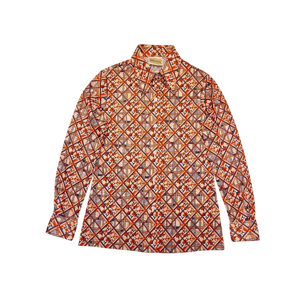 Vintage Koret of California 70s Orange Geometric Dagger Collar Disco Shirt S